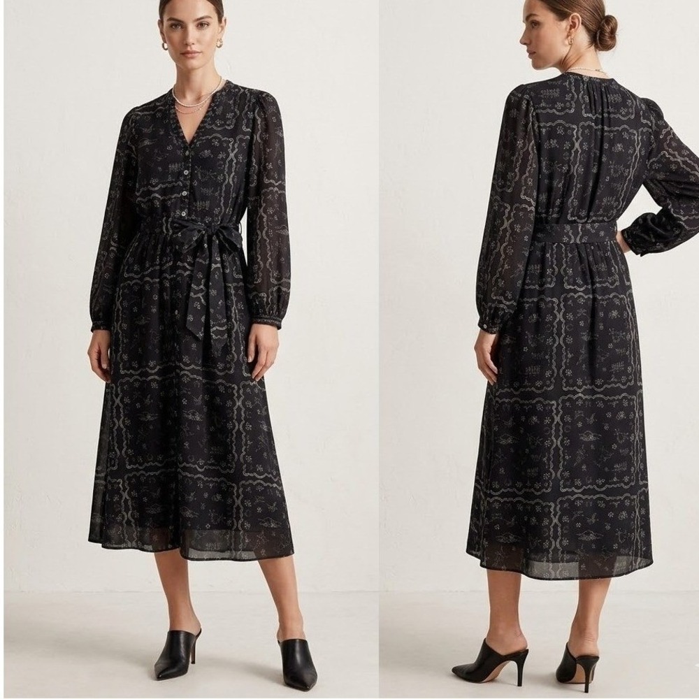 Roolee Bandana Print Midi Dress Black Western Boho Button Front Long Sleeve M